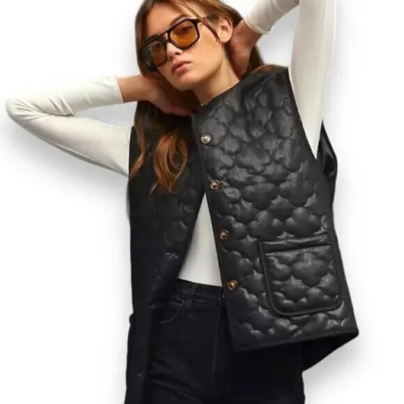 Anthropologie FRNCH x Gisette Faux Leather Sleeveless Quilted Vest Black, OS - Picture 3 of 7